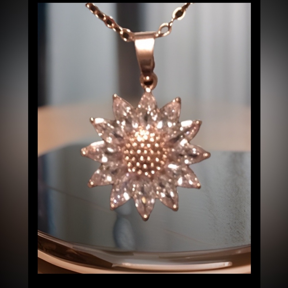 Rose Gold Sunflower Pendant W/ Diamonds 4 Petals On Rose Gold S925 Necklace
